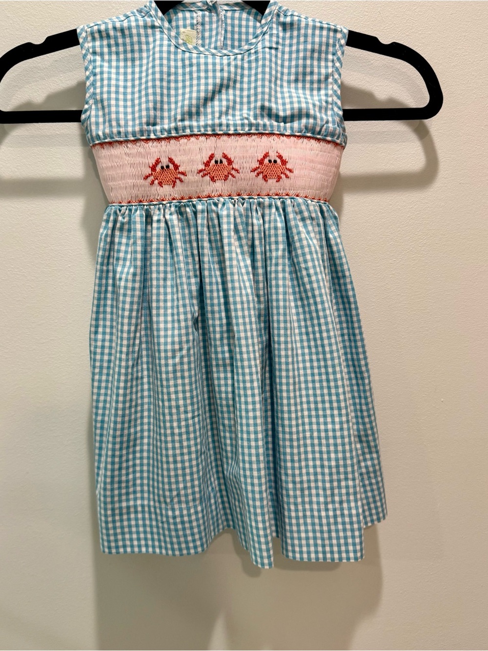 Be Mine Blue Gingham Smocked Crab Dress 18M Tie Back Summer Coastal